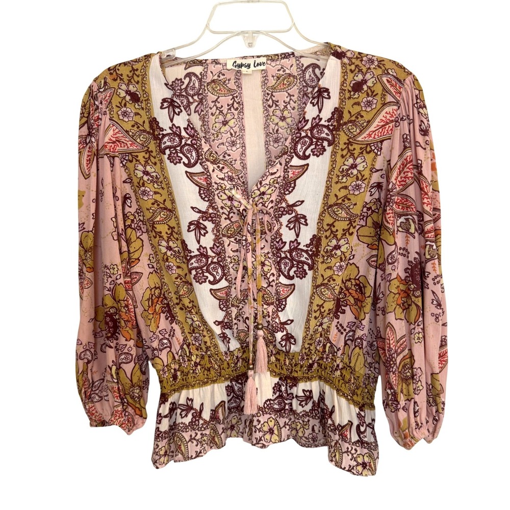 Gypsy Love Boho Paisley Floral Lace Up Tassel Peplum Blouse Pink Mustard Large
